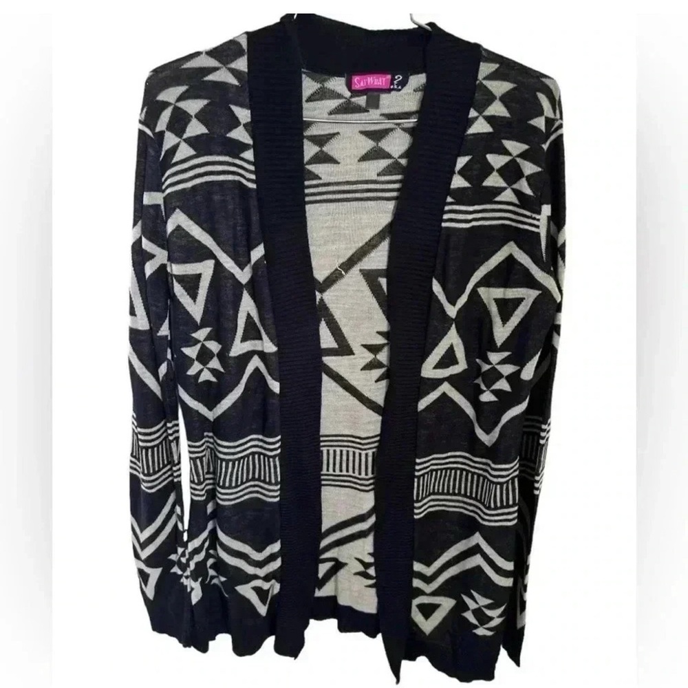 Boho Geometric Open Front Cardigan Sweater Size Small Black Ivory Tribal